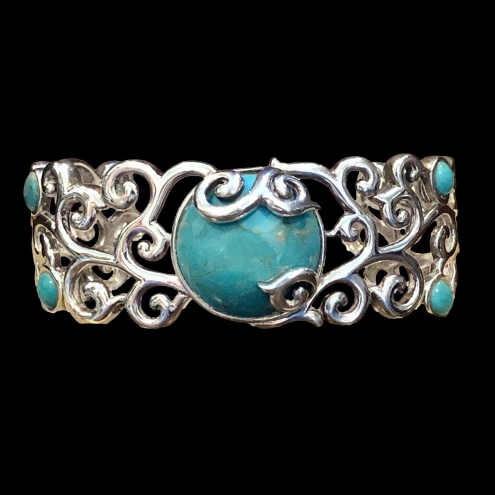 BARSE Sterling Silver Scroll Filigree Overlay Turquoise Cabochon Cuff Bracelet